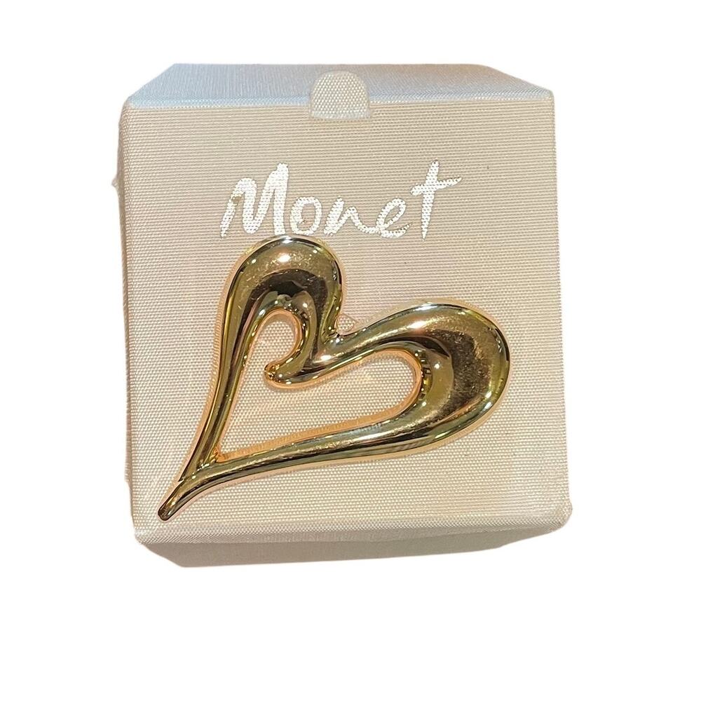 Vintage Gold Tone Puffy Heart Brooch Pin, Signed Monet